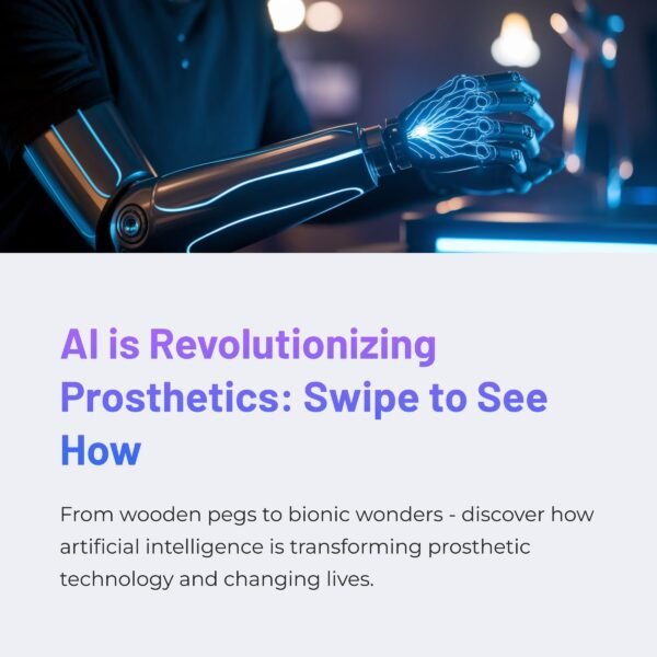 futuristic prosthetic arm with glowing blue neural interface connections, sleek design, dramatic lighting, person using advanced prosthetic naturally