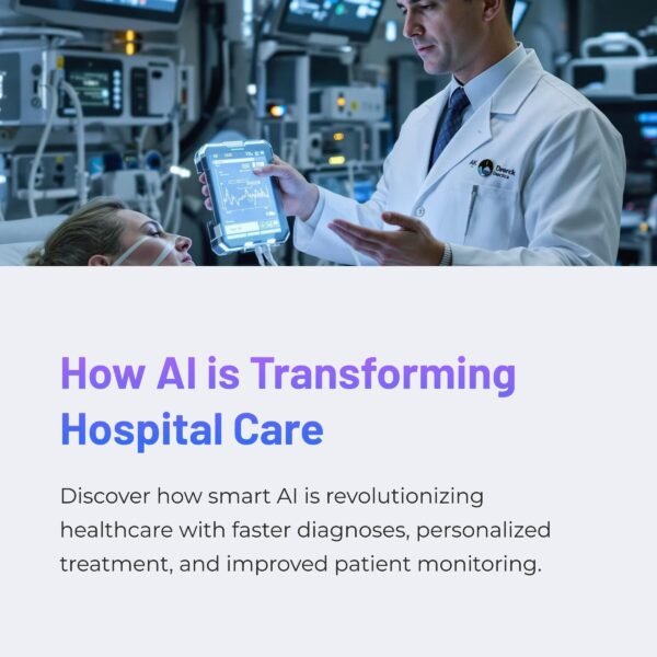 An illustrated medical professional in a hospital setting, utilizing advanced AI technology to monitor a patient's vitals and provide personalized healthcare recommendations.