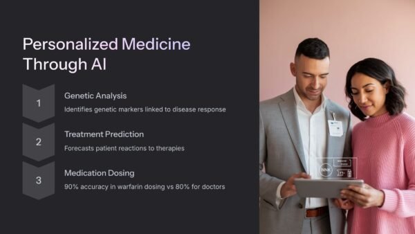 doctor and patient reviewing personalized treatment plan on tablet, AI visualization showing medication optimization, warm lighting, hopeful atmosphere