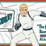 The background includes a stylized, retro TV screen with bold, angular text that reads 'Mastering Mobility' and the phrase "The Fusion of Bionic Limbs and AI Innovations" in a classic 1970s font. Surrounding Steve Austin are simple, graphic elements like speed lines or action effects to emphasize the bionic powers. The design is framed with retro-style borders, capturing the essence of 1970s TV ads. The entire illustration is outlined with clear, bold lines for easy coloring, evoking the exciting, high-tech vibe of the show.