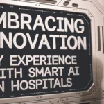 "My Experience with Smart AI in Hospitals" in legible letters. The poster has decorative letters. The background is a futuristic city, a sci-fi city. There is a robotic female figure standing nearby.