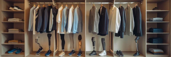 a title "Unleashing Innovation", and the phrase "The Impact of AI in Prosthetics" in large, legible letters.A photo of a sleek and modern wardrobe featuring neatly arranged everyday men's clothing, such as jackets, shirts, and trousers, displayed in an organised manner. Below the clothing, a collection of prosthetic legs is showcased prominently, each designed for different functions: a sleek running blade, a reinforced hiking prosthetic, a high-tech AI-enhanced limb, and a stylish everyday prosthetic. The wardrobe is minimalistic and clutter-free, with no shoes or unnecessary items, ensuring that the focus remains on the diversity and functionality of the prosthetic legs. The scene is warm, contemporary, and aspirational, highlighting the seamless integration of advanced prosthetics into daily life.